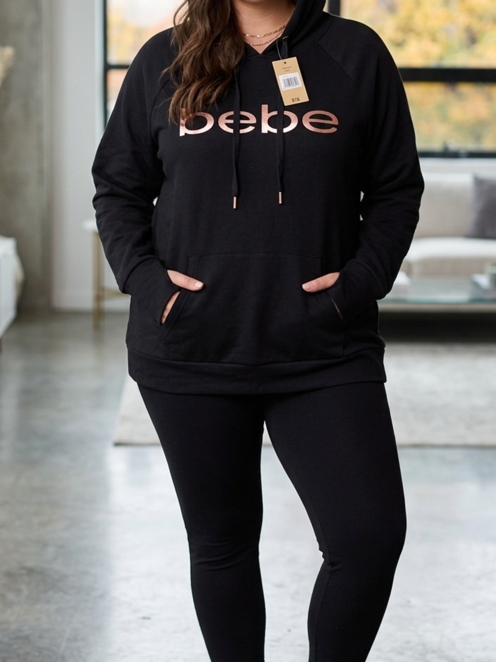NWT Bebe Women’s Black & Rose Gold Foil Logo Hoodie – Size 2X